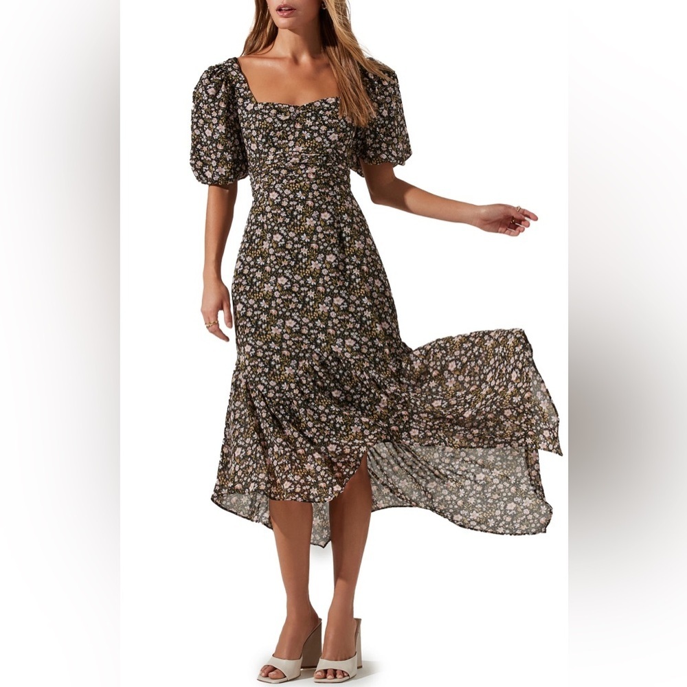 astr the label ditsy floral puff sleeve asymmetrical hem midi dress